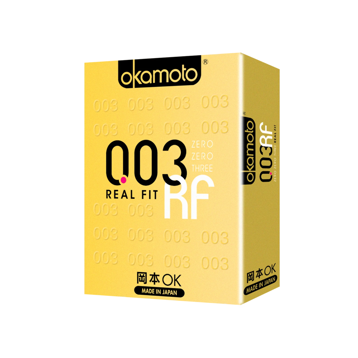 A front image of the Okamoto 003 Real Fit condom box of 4 pieces in a white background.  Imagen principal del producto
