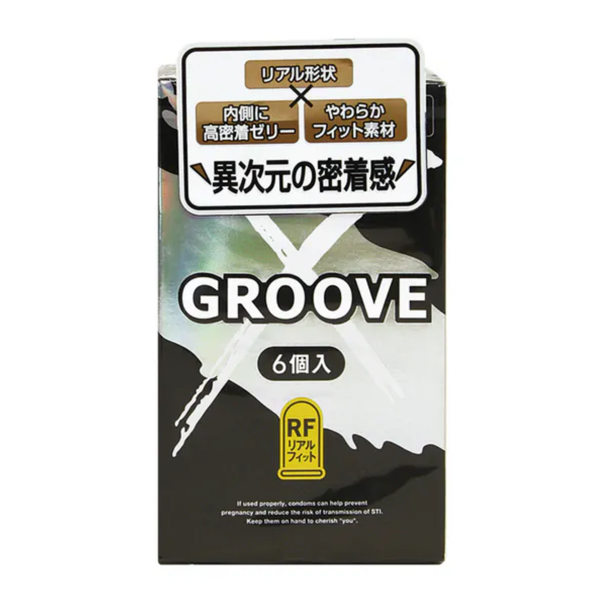 Front packaging shot of the Okamoto Groove X 6-pack box featuring a black, white, and silver metallic design with "GROOVE X", "6個入" (6 count), and "RF Real Fit" badge graphics. Imagen principal del producto
