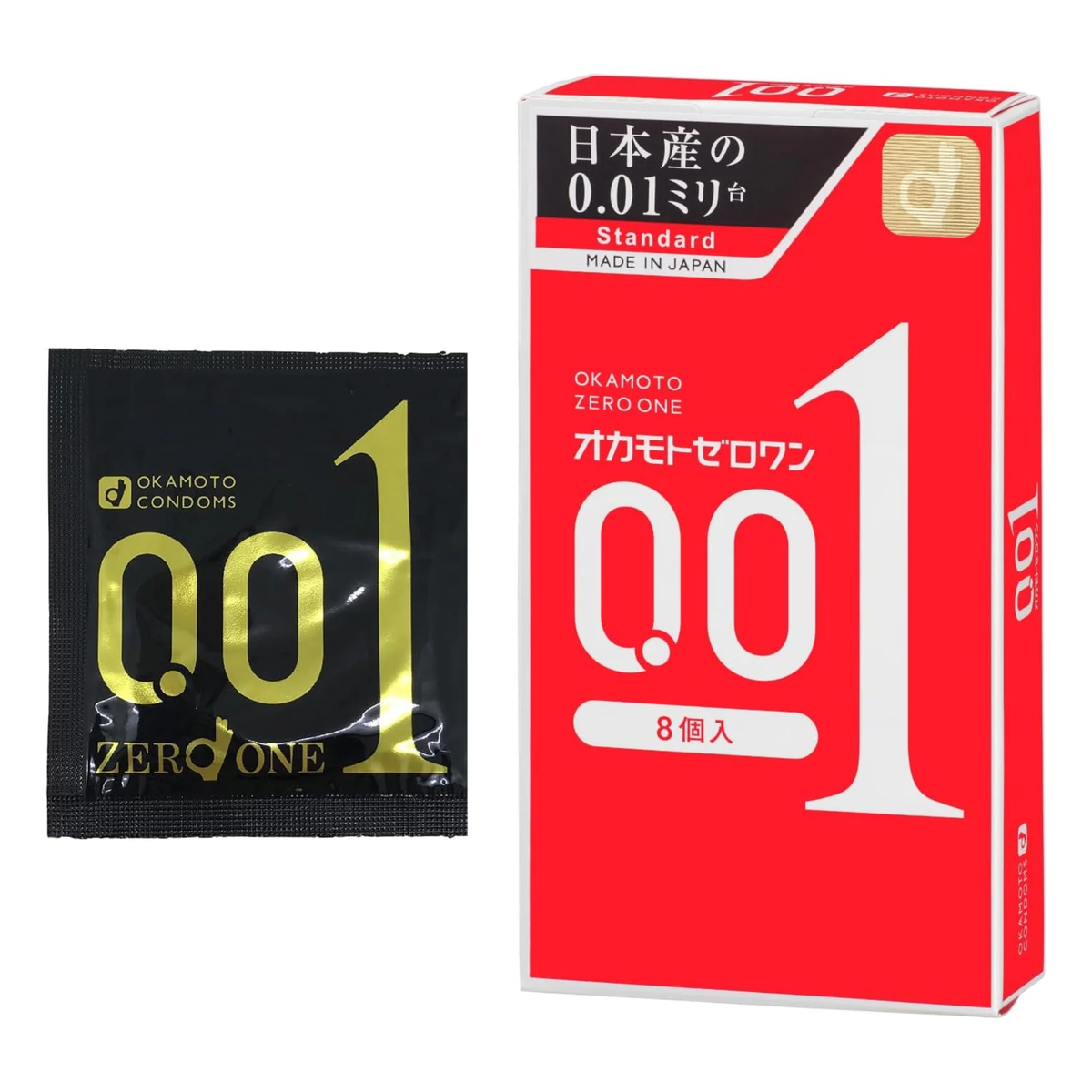 Product display shot showing a single black-and-gold foil condom wrapper standing next to the red Okamoto Zero One 001 8-pack box.