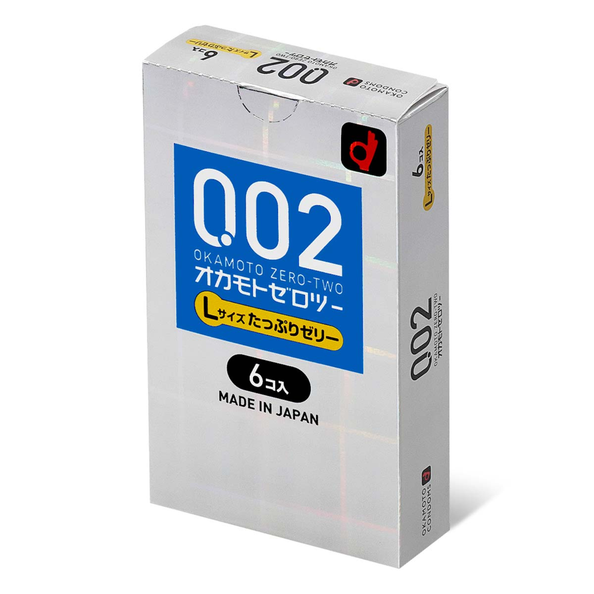A white rectangular box of Okamoto Zero Two (002) condoms shown from a side angle. The box has a shimmering, holographic finish. A large blue square on the front features "002" in white, with "OKAMOTO ZERO-TWO" and Japanese text below it. A yellow oval highlights "L-Size" and "Extra Lubricated." The bottom of the box indicates a "6 Pack" and "MADE IN JAPAN.