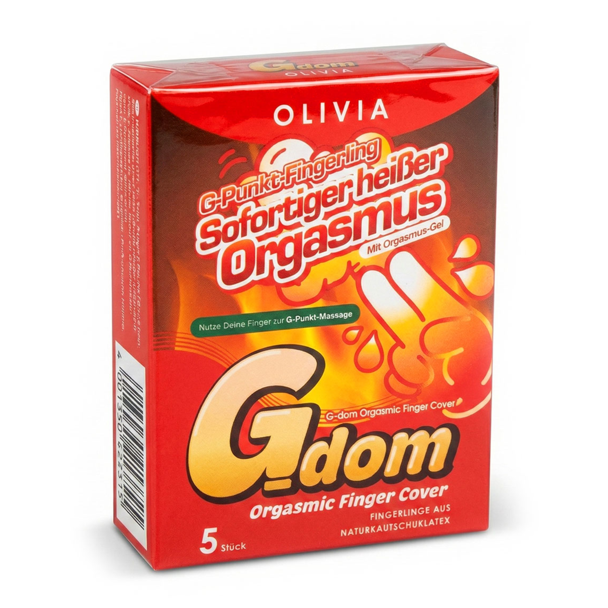 Studio product shot of the red Olivia G-dom Orgasmic Finger Cover 5-pack box standing upright at a three-quarter angle against a white background. Imagen principal del producto