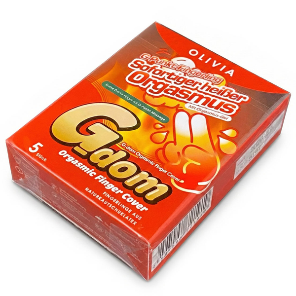 High-angle perspective shot of the plastic-wrapped red Olivia G-dom Orgasmic Finger Cover 5-pack box lying on a white surface.