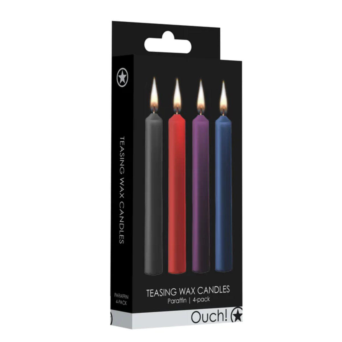 An image of Ouch! Teasing Wax Candles Paraffin 4-Pack, including black, red, purple, and blue teasing wax candles in the retail box. Imagen principal del producto