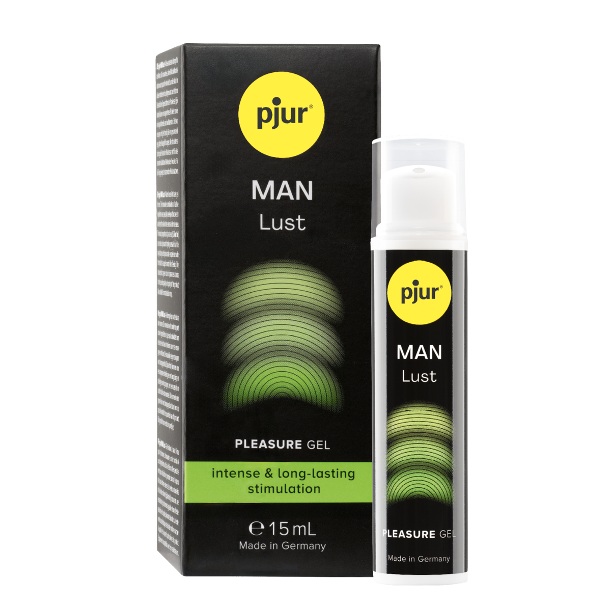 Direct studio shot showing the 15 ml (0.5 fl oz) Pjur Man Lust pleasure gel bottle with its clear overcap standing next to its black packaging box.