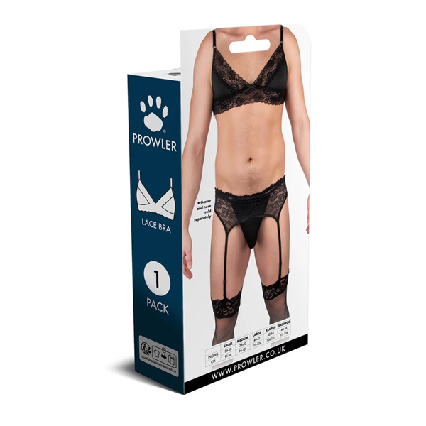 Full packaging view of the Prowler Male Lace Bra retail box, showing a male model wearing the black lace bra paired with matching underwear, garter belt, and thigh-high stockings, along with a sizing chart at the bottom.