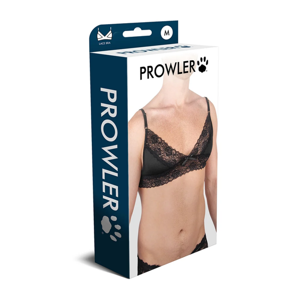 Perspective packaging view of the Prowler Male Lace Bra box featuring a close-up model shot, size "M" label badge, and Prowler paw logo branding on the side spine.
