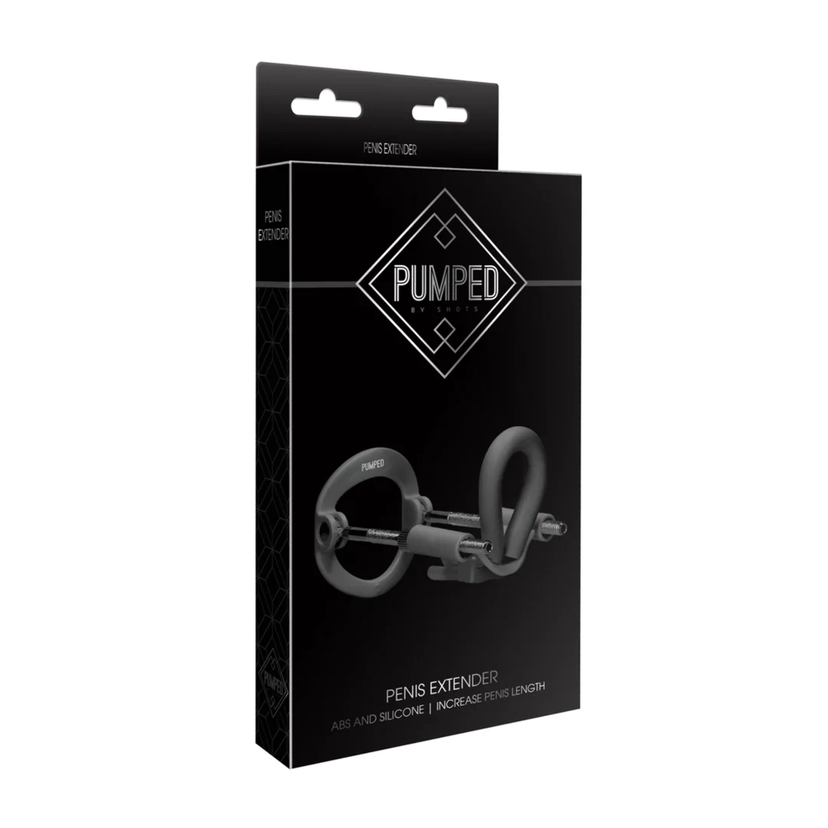 Packaging for the black Pumped Penis Extender, showing the device and brand logo.