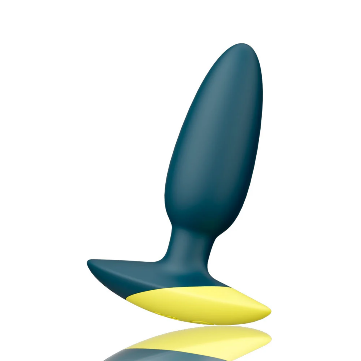 Isolated product view of the teal ROMP Bass vibrating anal plug standing upright on its yellow flared safety base with a subtle surface reflection.