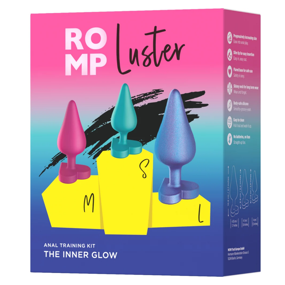 Front retail box packaging shot for the ROMP Luster Anal Training Kit "The Inner Glow", illustrating the three sizes (S, M, L) on a yellow podium with key feature callouts along the side.