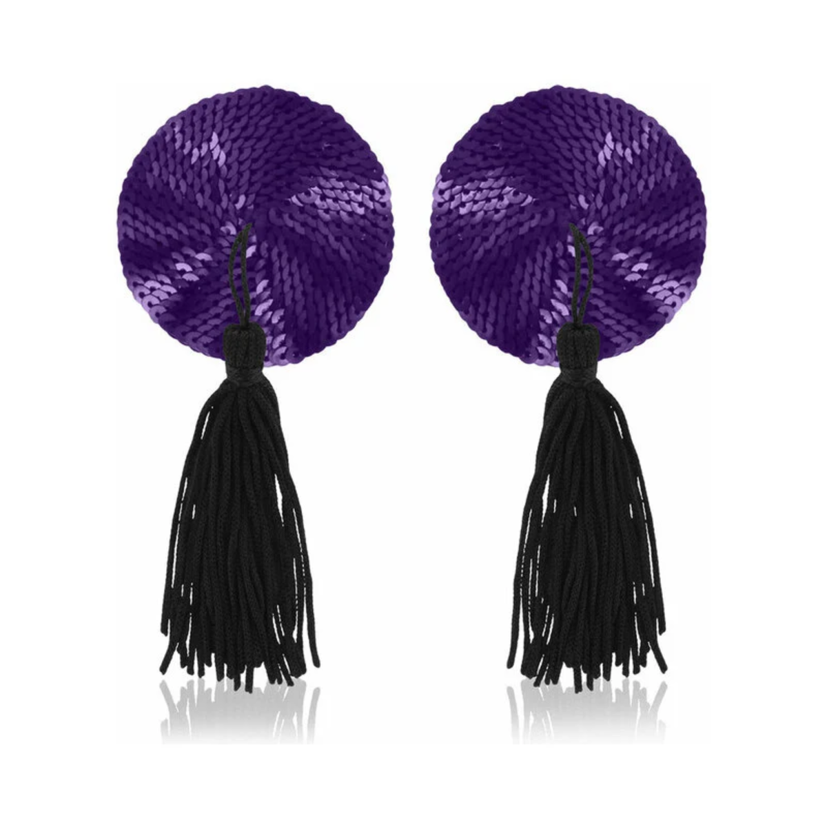 Pair of round purple sequined nipple pasties featuring long, dangling black tassels attached to the center.