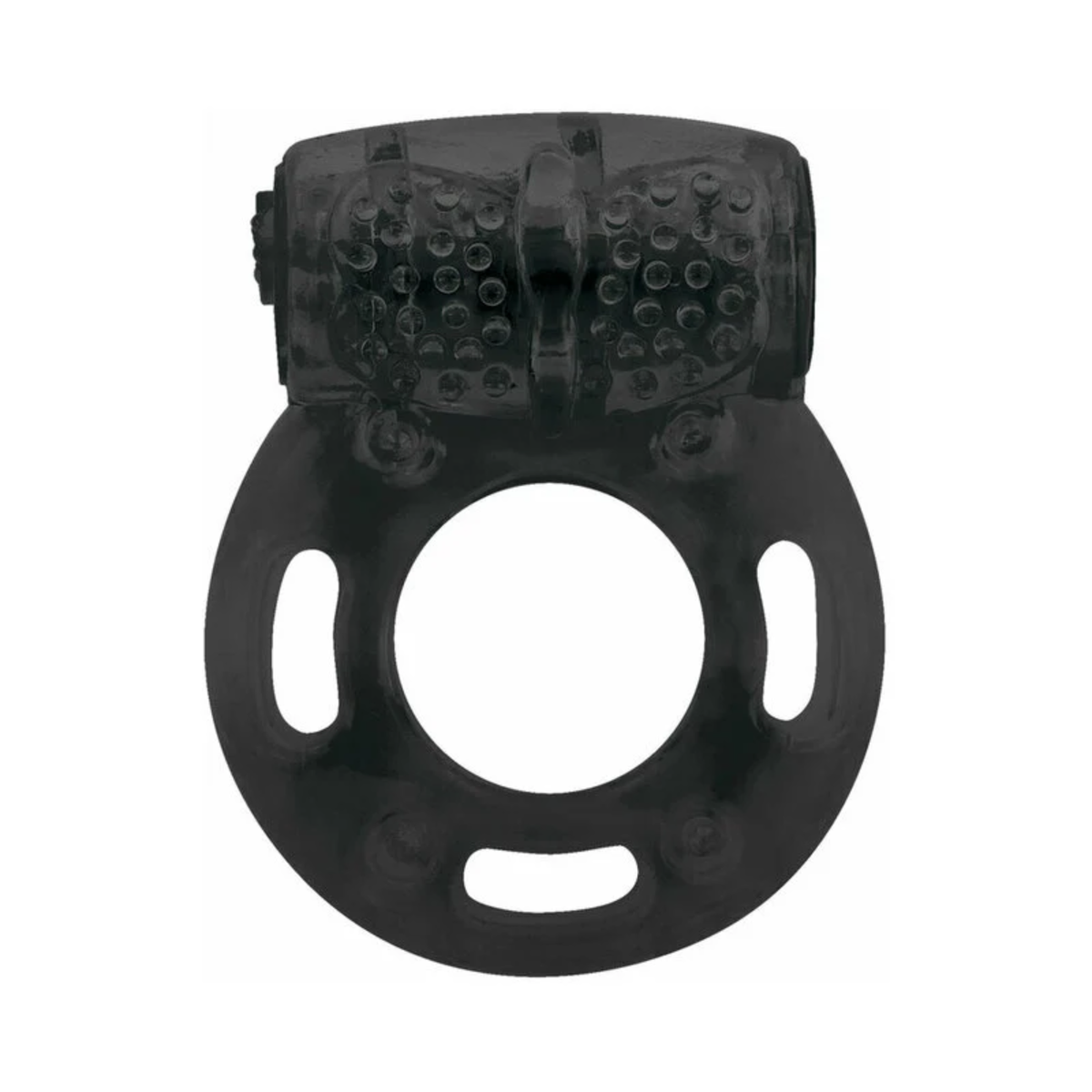 Top-down view of a black silicone vibrating cock ring with textured stimulation nubs on the upper bullet housing and side loop openings.