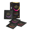 Front view of a black SKYN 5 Senses+ variety pack box with four individual condom foils in purple, pink, and orange displayed in front.