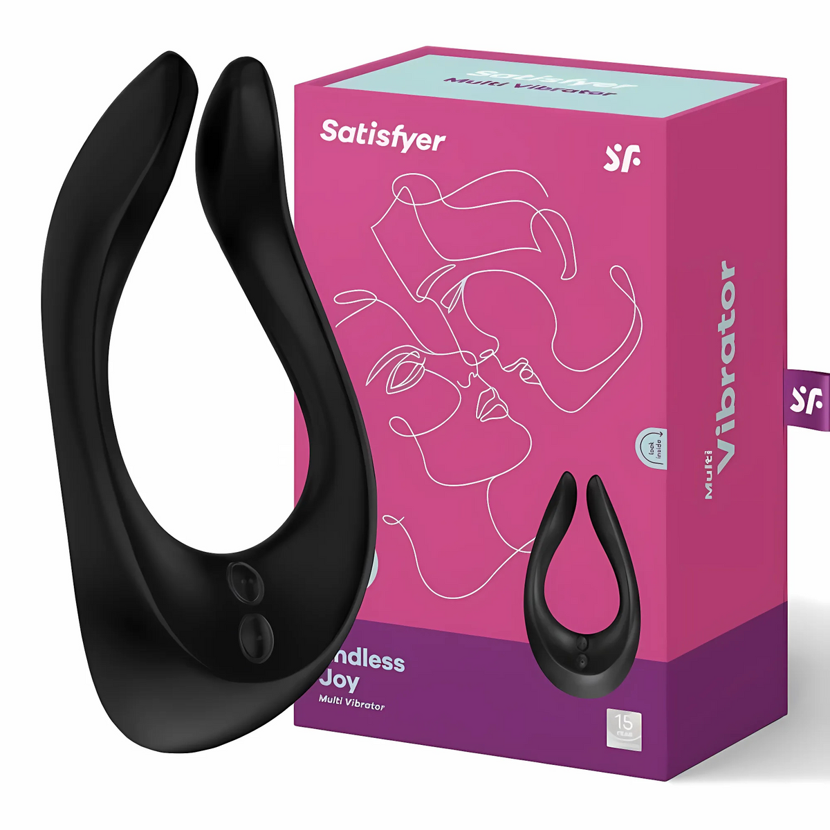 Satisfyer Endless Joy Black vibrator displayed next to original pink packaging box Imagen principal del producto