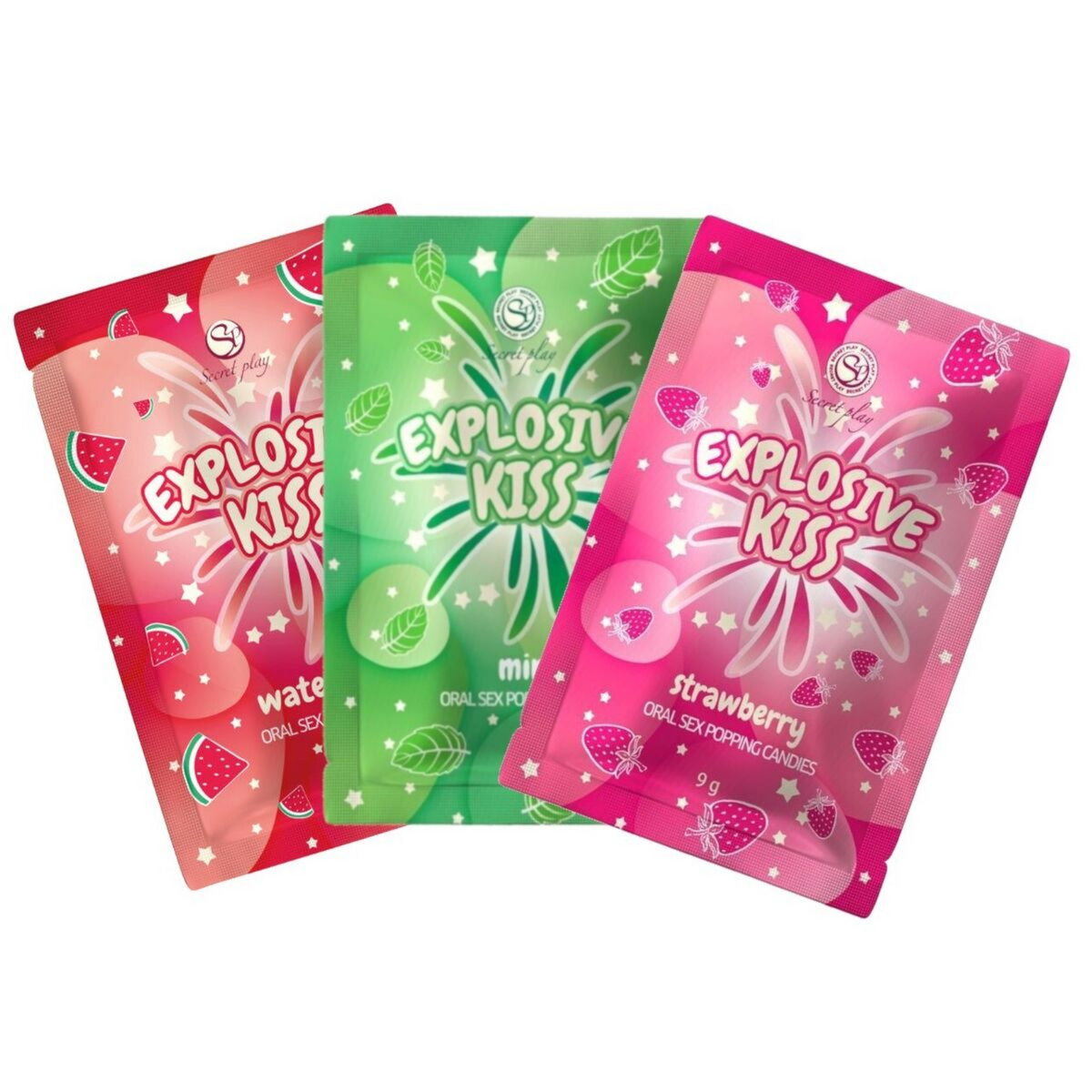 Secret Play Explosive Kiss strawberry, mint, and watermelon flavored oral sex popping candies on a white background. Imagen principal del producto