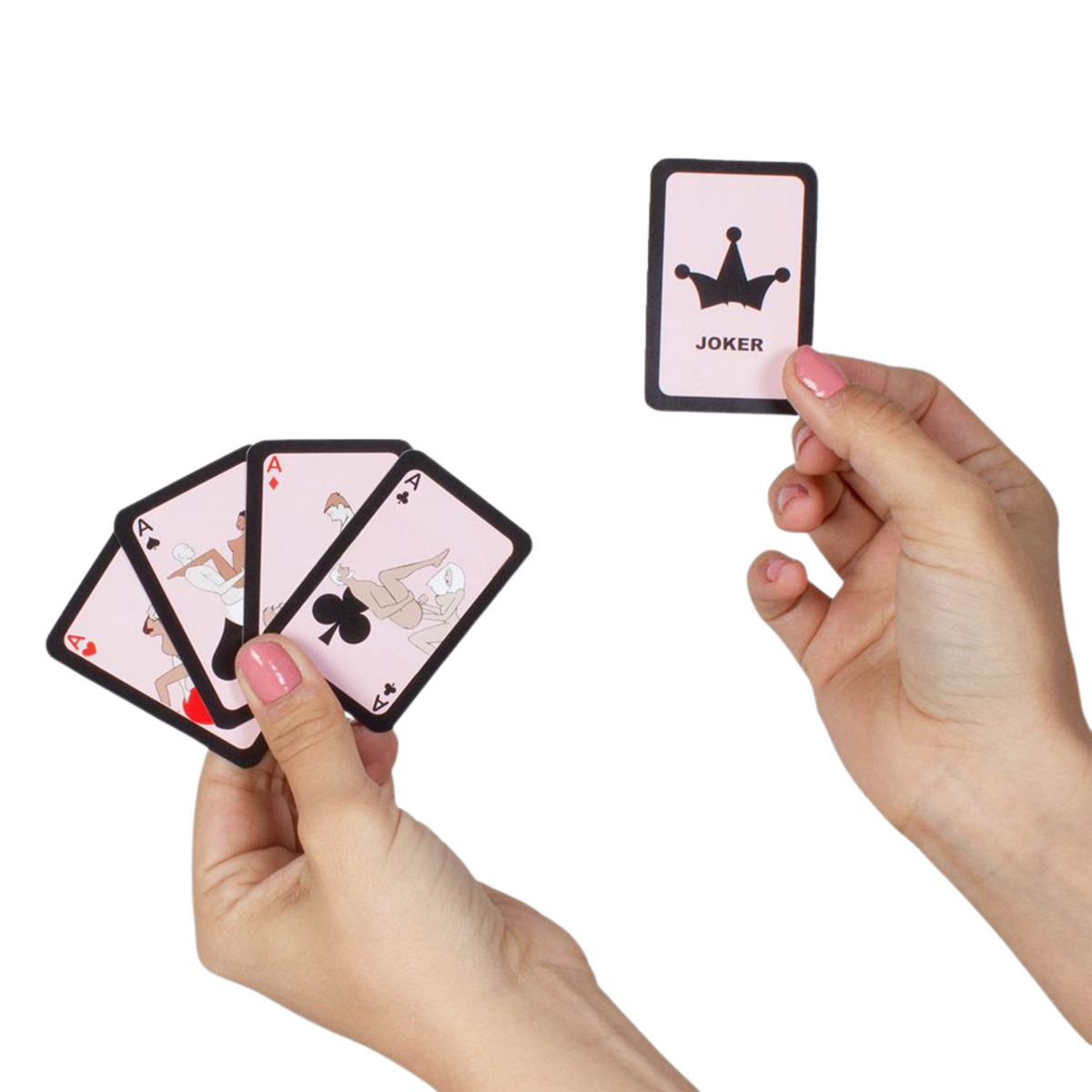Hands holding secret play mini Kamasutra playing cards with a joker card on a white background Imagen principal del producto