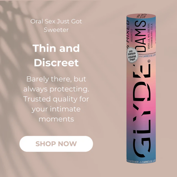 Glyde Dams product packaging with promotional text on a beige background