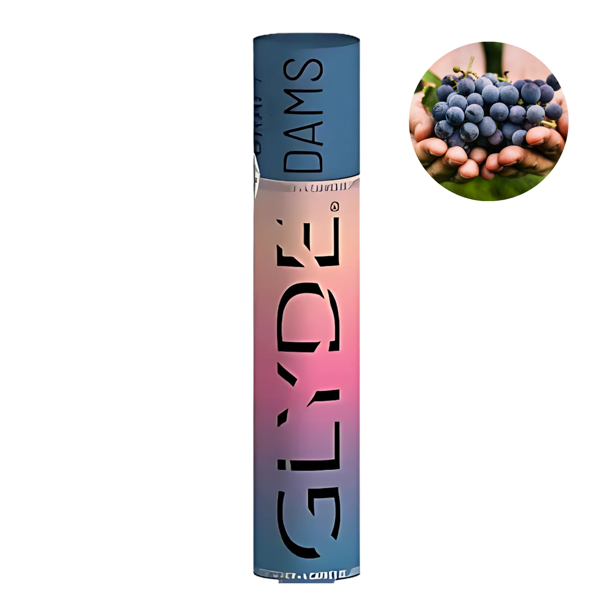 Box with 'GLYDE' branding grape flavour dams  and a close-up of grapes in the corner. Imagen principal del producto