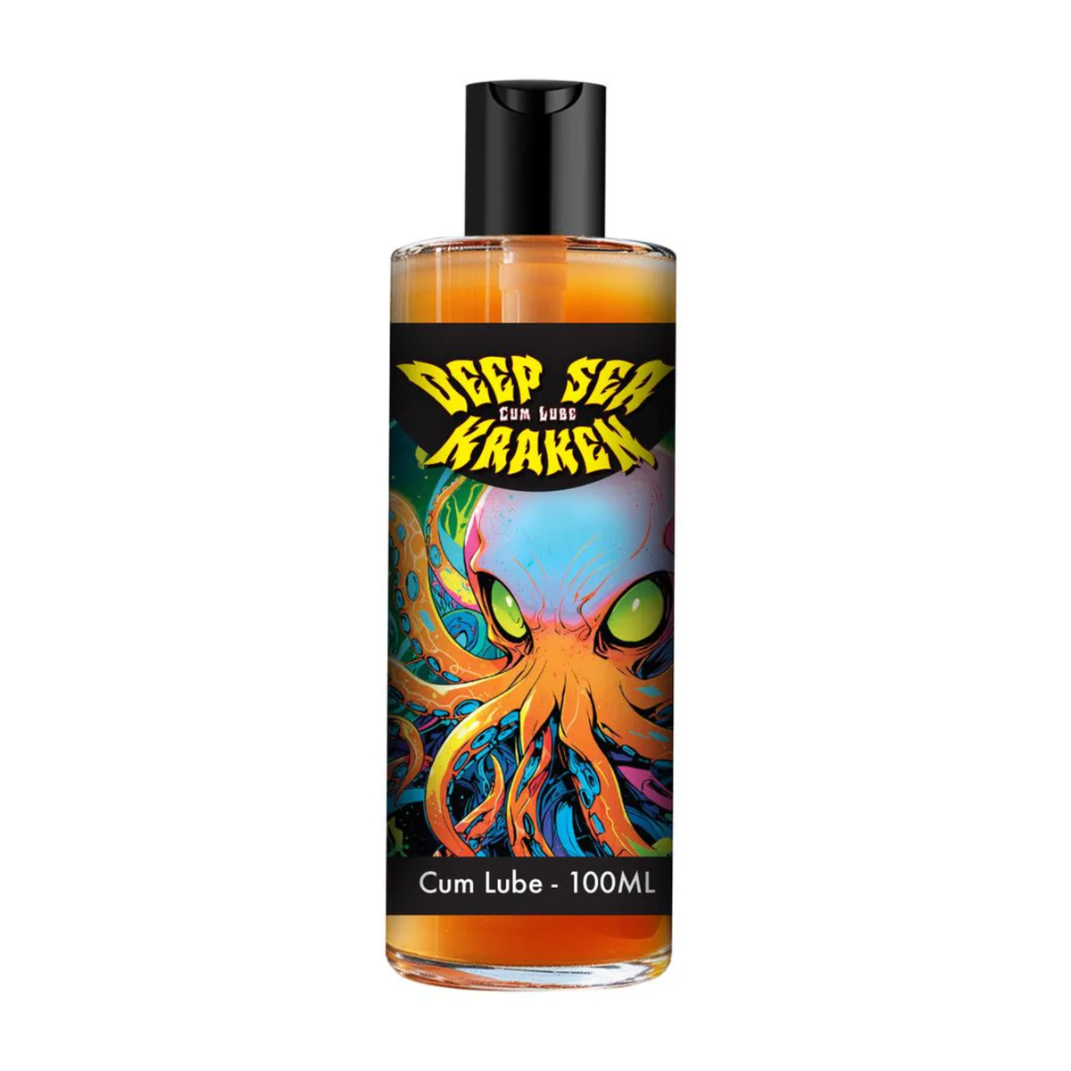 Front studio shot of the clear bottle filled with amber-orange lubricant, featuring a colorful illustration of an octopus-like kraken beneath yellow logo text reading "Deep Sea Kraken Cum Lube". Imagen principal del producto