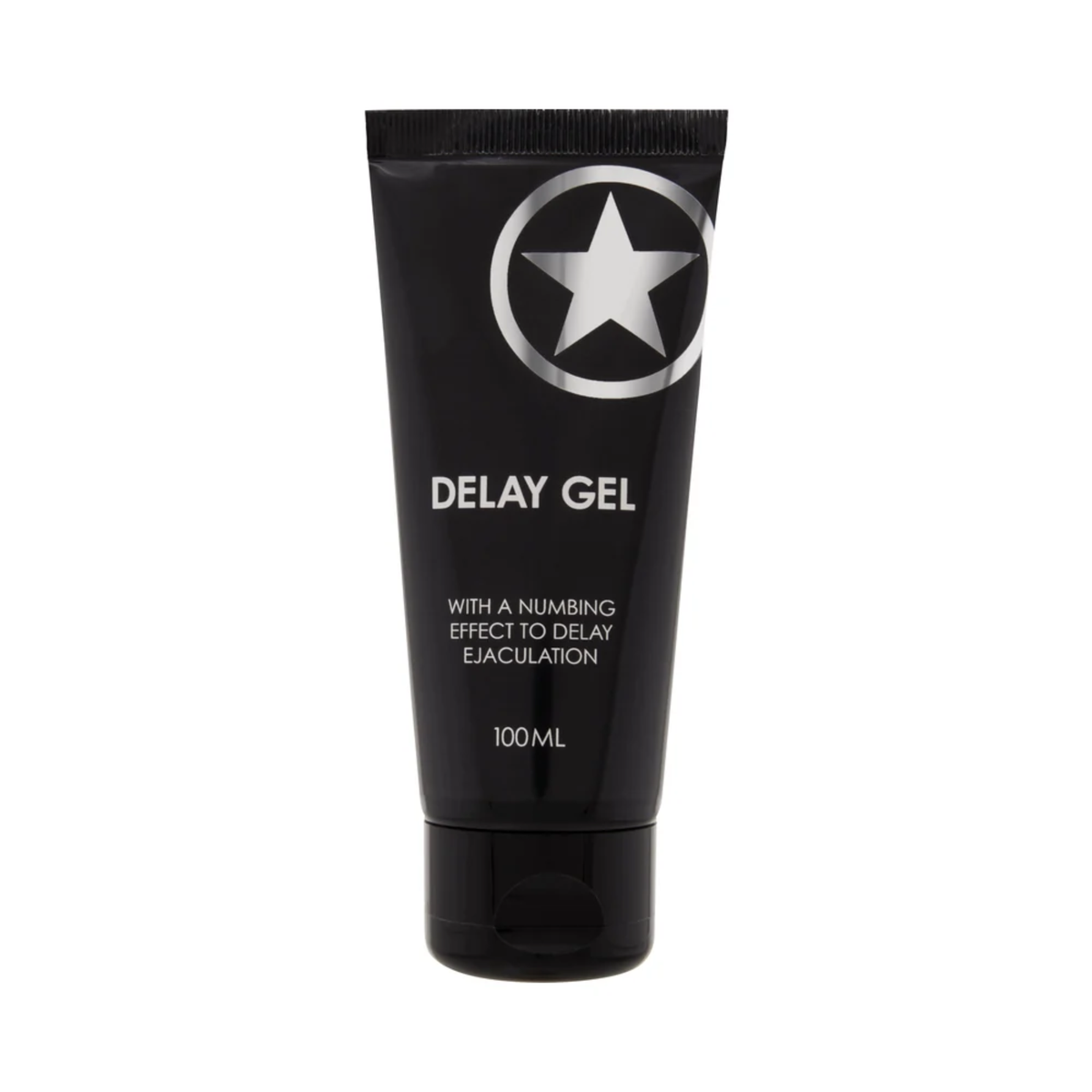Front studio view of the 100 ml (3.38 fl oz) matte black squeeze tube of Shots Delay Gel featuring a silver star logo and white text stating "With a numbing effect to delay ejaculation" Imagen principal del producto