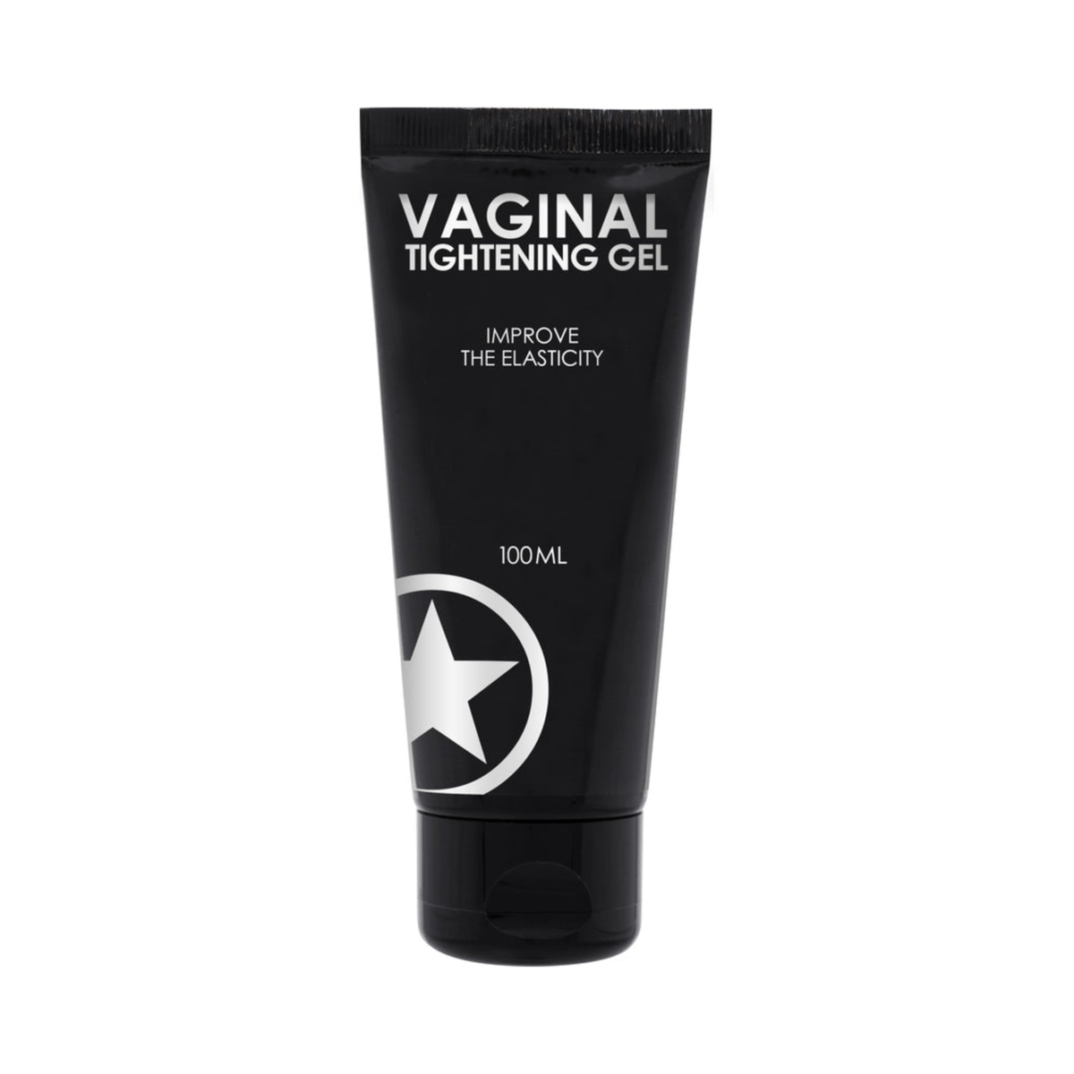 Front product view of a 100 ml (3.38 fl oz) black squeeze tube of Shots Vaginal Tightening Gel featuring white text stating "Improve the Elasticity" and a large white star logo near the bottom flip-cap base.