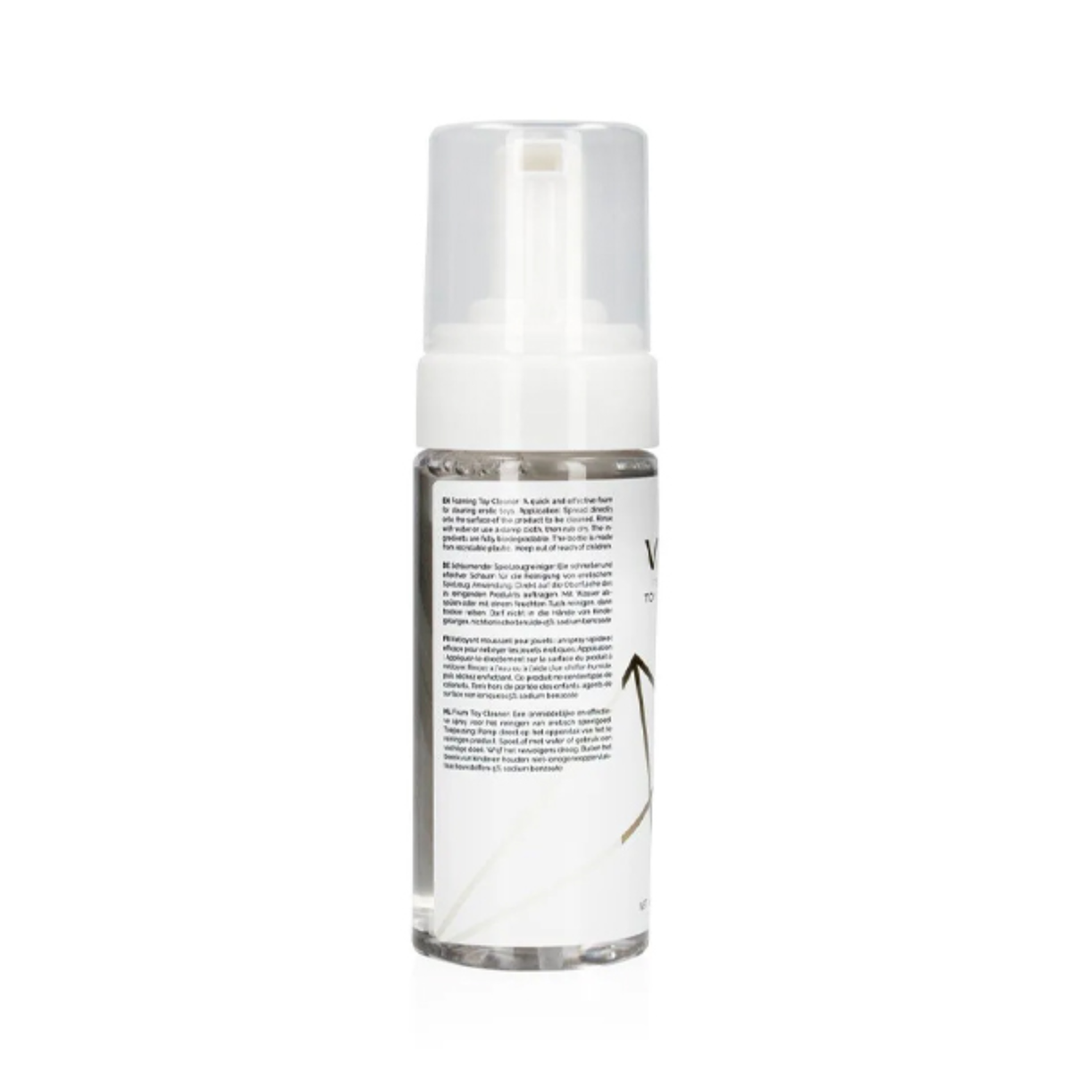 Back label view of the Shots Vive Foaming Toy Cleaner bottle displaying product directions in multiple languages.