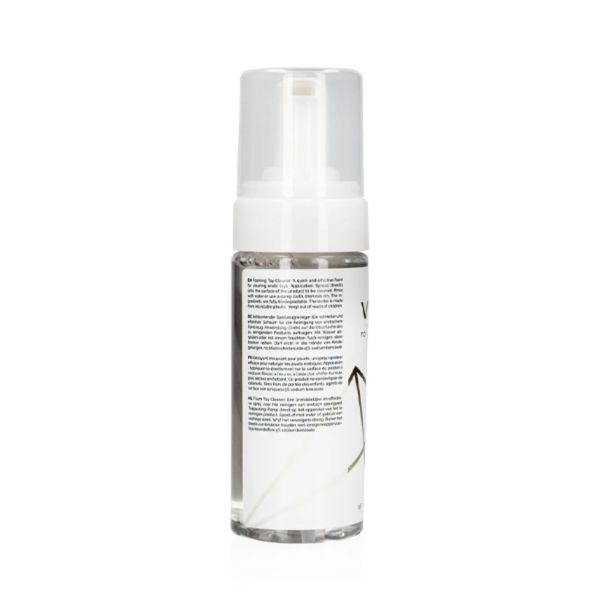 Back label view of the Shots Vive Foaming Toy Cleaner bottle displaying product directions in multiple languages.