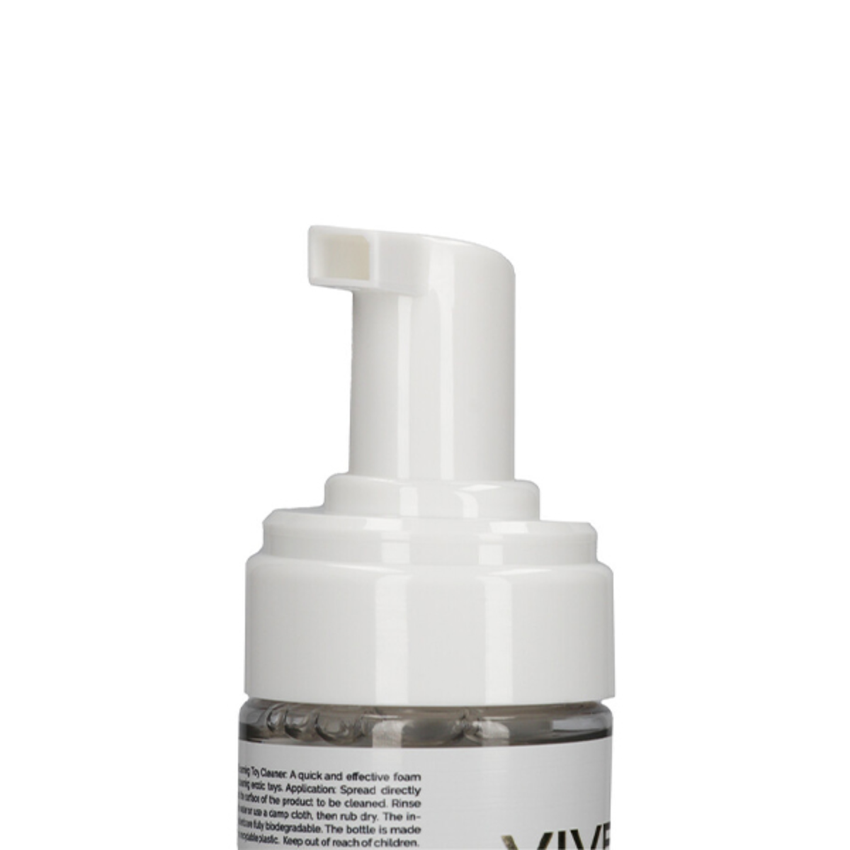 Close-up detailed view of the white plastic dispensing foam pump mechanism on the Shots Vive Toy Cleaner bottle.