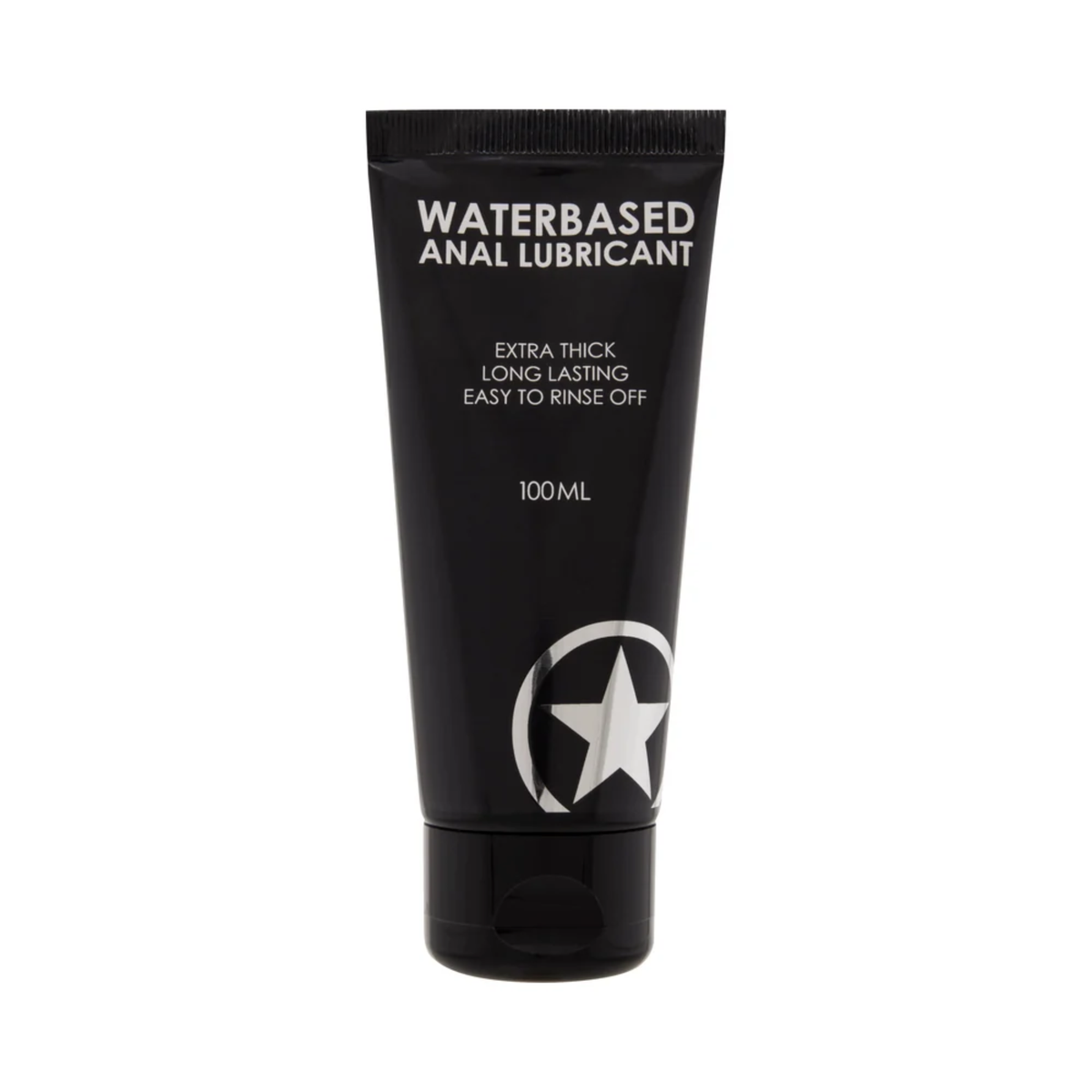 Front product view of a 100 ml (3 fl oz) matte black squeeze tube of Shots Water-Based Anal Lubricant featuring white text highlights and a silver star logo near the base.