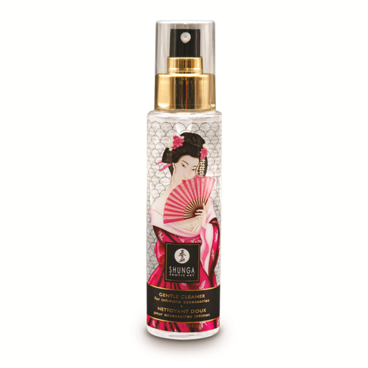 Front studio view of the 115 ml (3.89 fl oz) clear spray bottle of Shunga Gentle Toy Cleaner, decorated with traditional Japanese artwork, gold metallic spray neck, and a clear protective cap. Imagen principal del producto