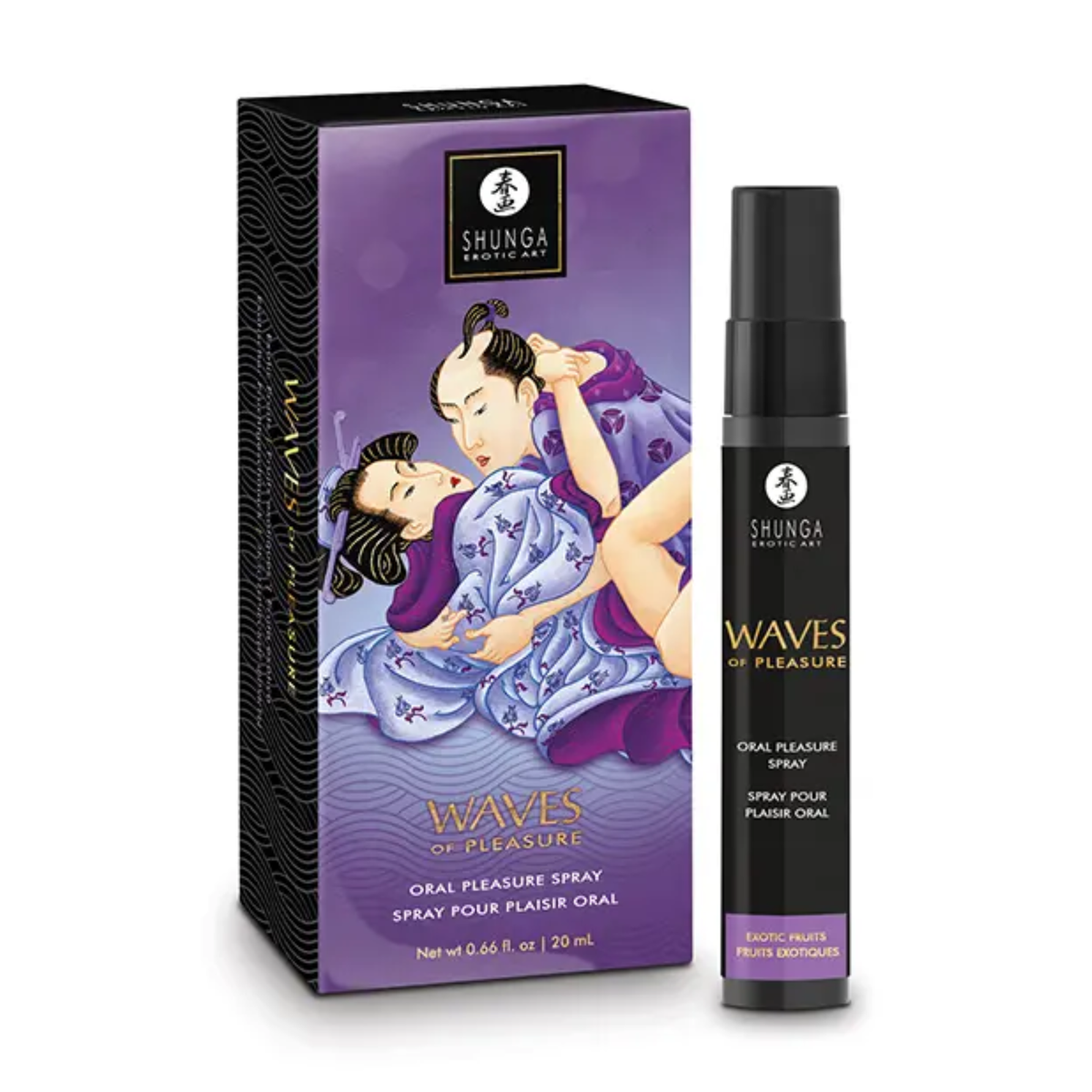 Direct studio view of the 20 ml (0.66 fl oz) black spray bottle standing next to its purple Japanese-inspired artistic packaging box featuring traditional art. Imagen principal del producto