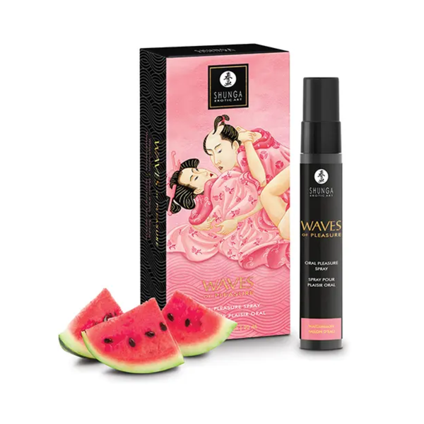 Product presentation graphic featuring the packaging box and spray bottle standing next to three fresh watermelon slices.
