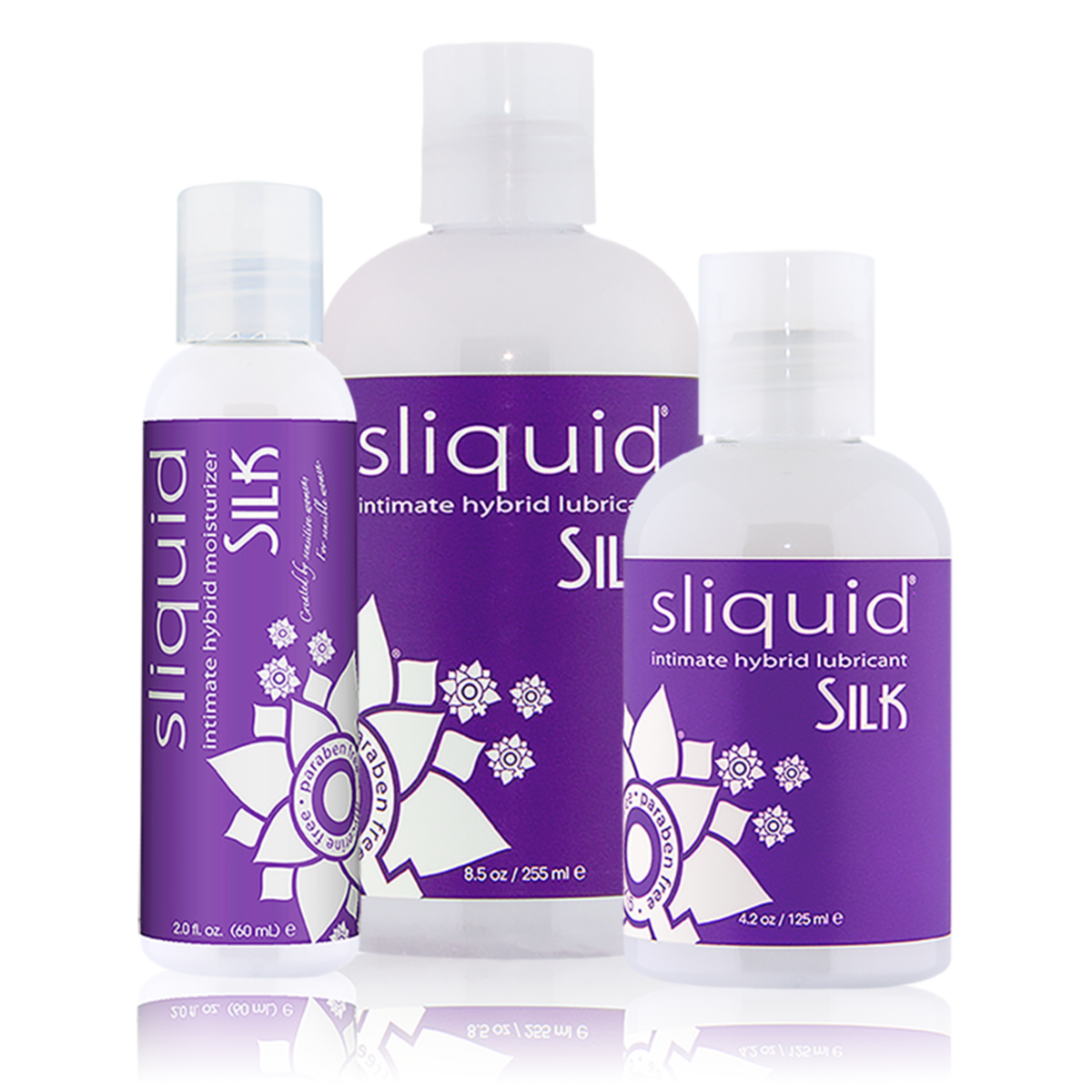 An image of three Sliquid Silk Hybrid lubricants - 60ml, 125ml, and 255ml in a white background.  Imagen principal del producto