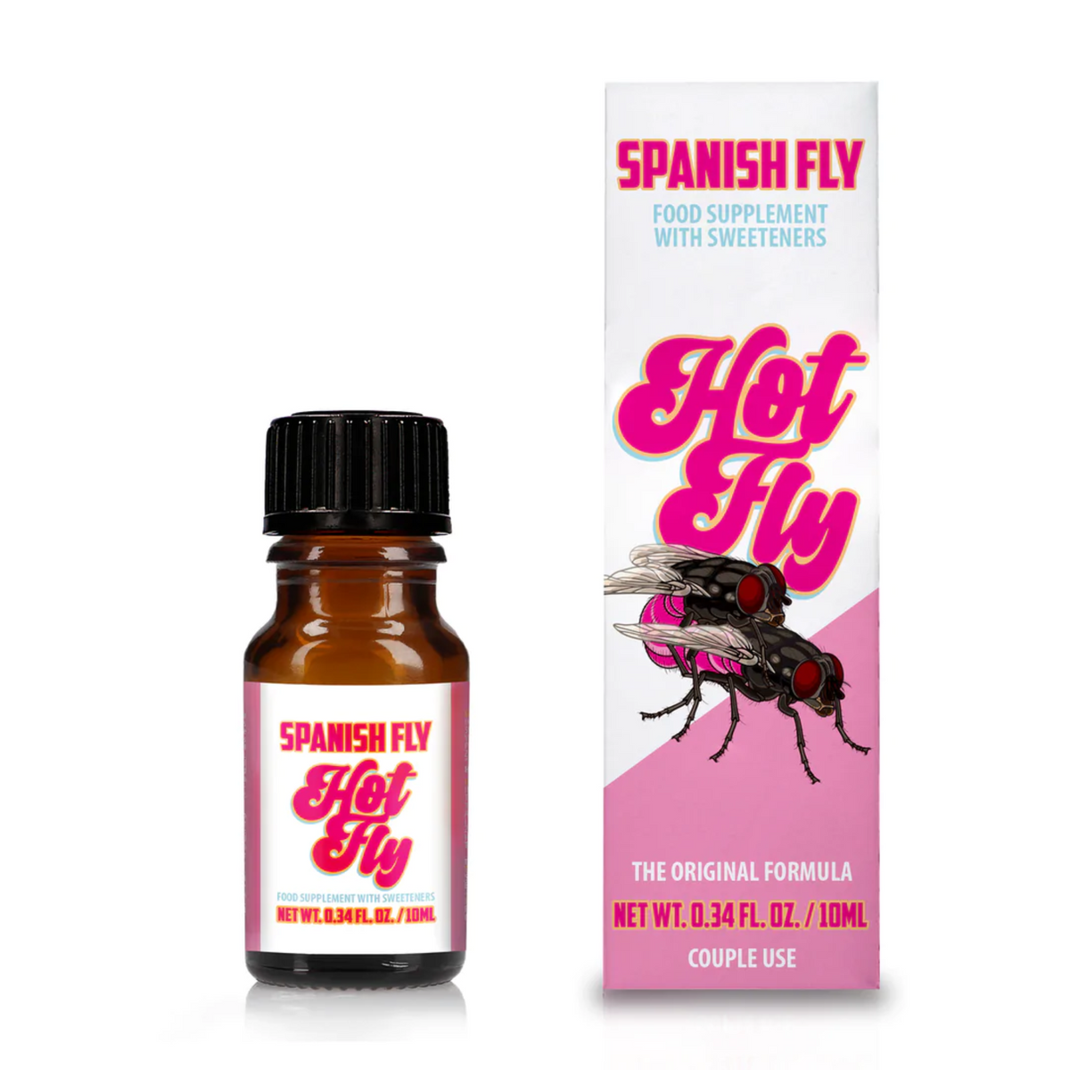A small, brown dropper bottle of Spanish Fly Hot Fly 0.34 fl. oz./10 ml stands next to its retail box. Both the bottle label and the box feature a bright pink and white design with bold, script text.  Imagen principal del producto