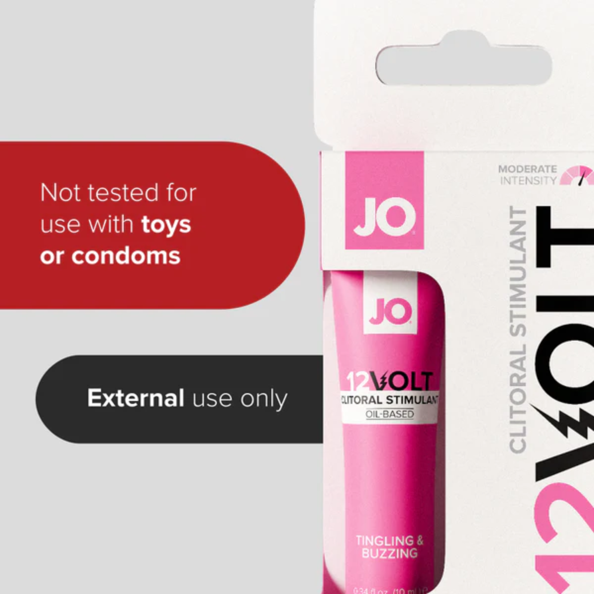 Close-up of the System JO 12VOLT Clitoral Stimulant product packaging. The left side features red and black text banners stating "Not tested for use with toys or condoms" and "External use only."