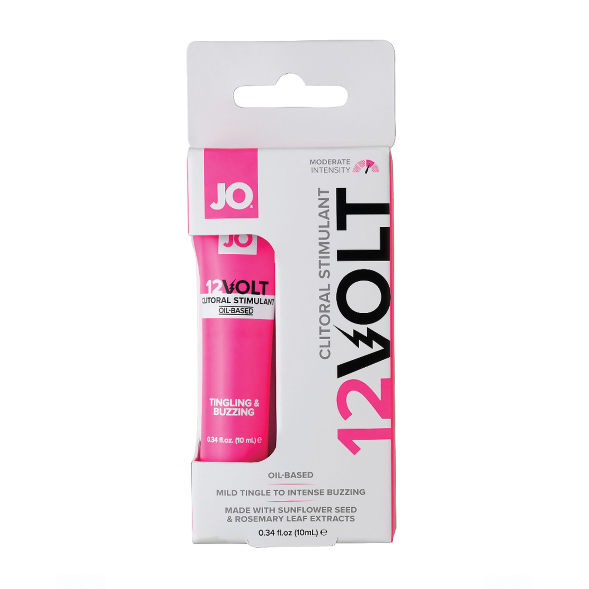 Studio product shot of the System JO 12VOLT Clitoral Stimulant box on a plain white background. The white box features bold pink lettering, a small intensity gauge meter, and a cutout displaying the pink tube inside.