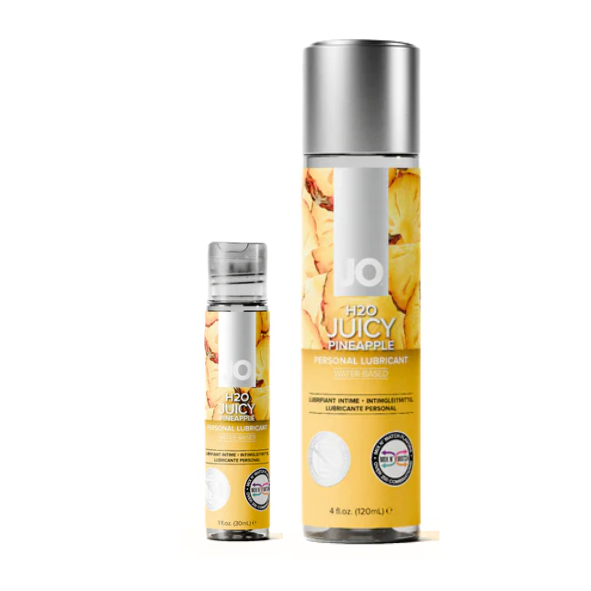 Two bottles of System JO H2O Juicy Pineapple flavored lubricant are displayed side-by-side against a white background, with the smaller 1 fl. oz. bottle on the left and the larger 4 fl. oz. bottle on the right. Both feature clear caps and labels decorated with vibrant chunks of yellow pineapple. Imagen principal del producto