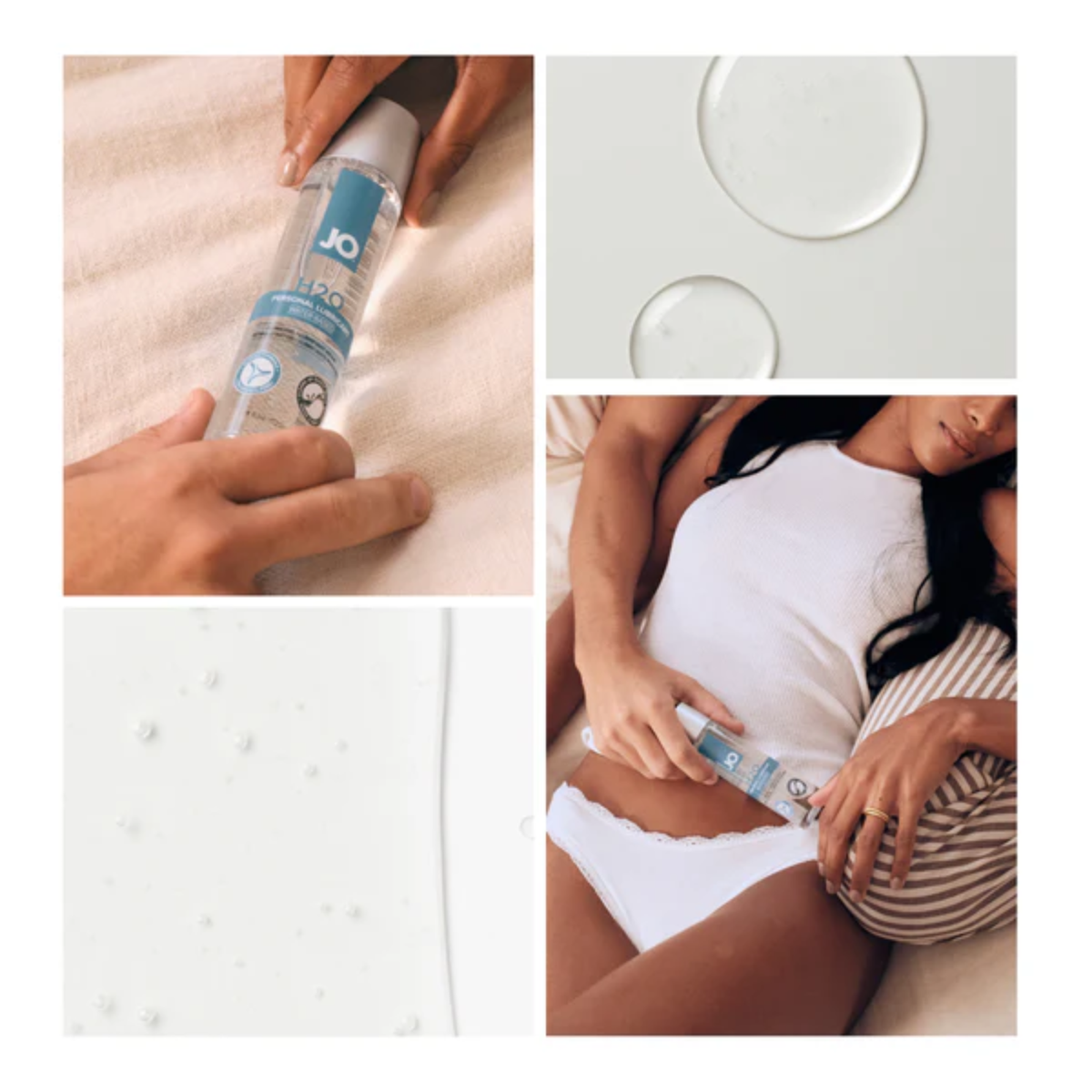 A four-panel aesthetic photo collage showing the use and texture of System JO H2O lubricant. It includes close-up images of hands holding the bottle, clear liquid droplets, and a couple relaxing together in bed.