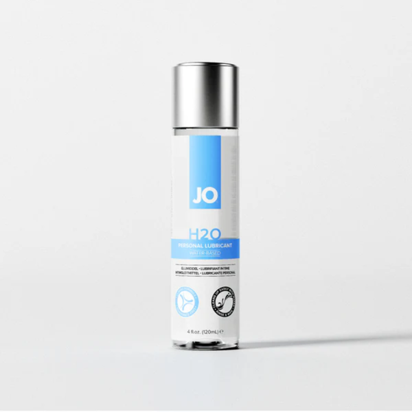 Front view of the 4 fl. oz. (120ml) bottle of System JO H2O Water-Based Personal Lubricant. The clear bottle stands upright with a silver cap, showing the "H2O Personal Lubricant" branding.