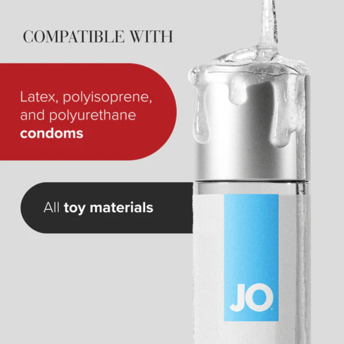 A close-up of a System JO H2O bottle with clear gel pouring over its silver cap. Accompanying text highlights its compatibility with latex, polyisoprene, and polyurethane condoms, as well as all toy materials.