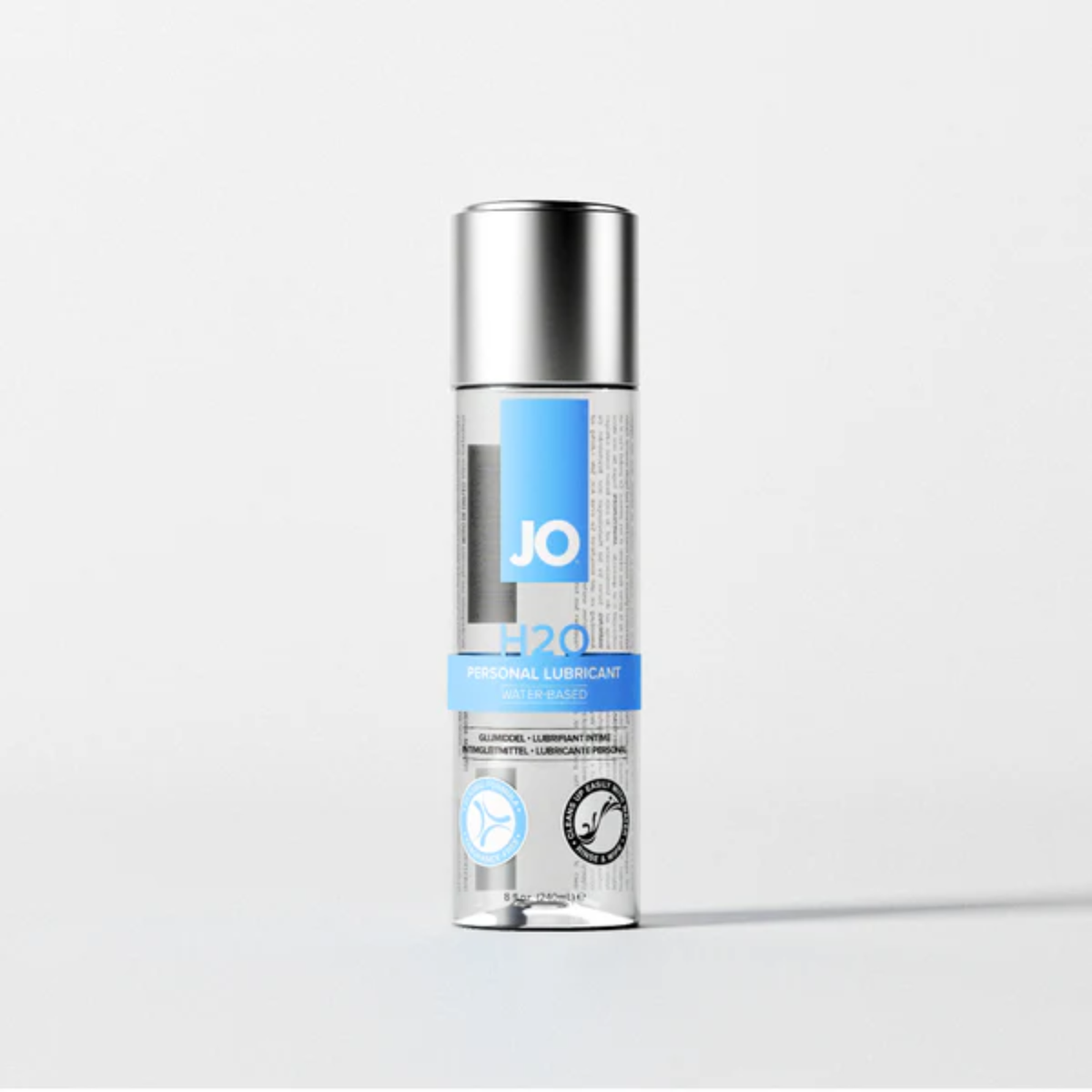 Front view of the 8 fl. oz. (240ml) bottle of System JO H2O Water-Based Personal Lubricant. The bottle stands centered with a sleek silver cap against a neutral light grey backdrop.