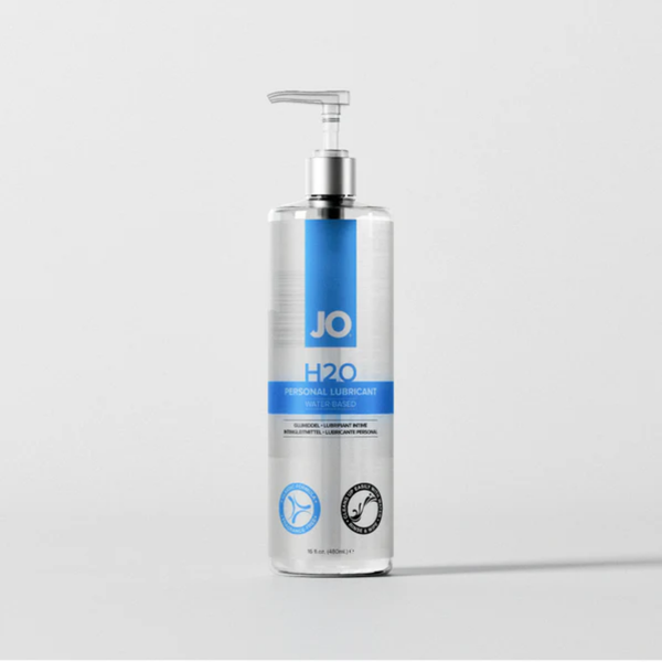 Front view of the largest 16 fl. oz. (480ml) bottle of System JO H2O Water-Based Personal Lubricant. This large clear bottle is fitted with a silver pump dispenser.