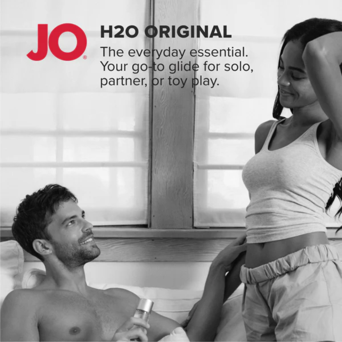 The back label of a System JO H2O bottle shown next to a matching grey card with detailed "Indications for Use" text. The panel lists application directions, warnings, and ingredients.