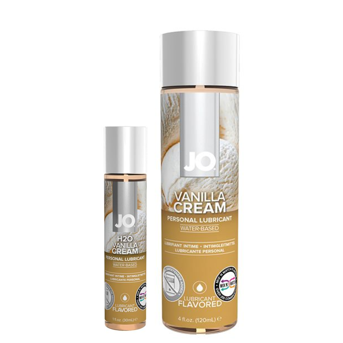 Front view of two cylindrical bottles of System JO H2O Vanilla Cream water-based personal lubricant, standing side-by-side against a white background. The smaller 30 ml (1 fl. oz.) bottle is on the left, and the larger 120 ml (4 fl. oz.) bottle is on the right. Both feature clean white caps and a tan-and-brown labeled design showcasing a graphic of a textured scoop of vanilla ice cream behind the prominent white "JO" logo. Imagen principal del producto