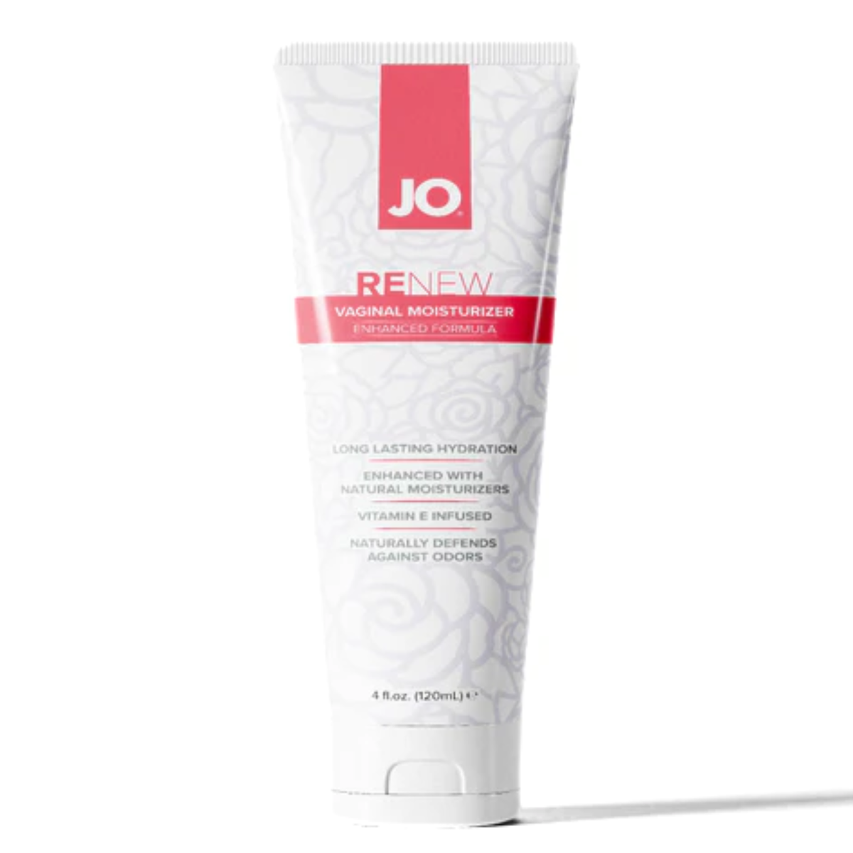 Front view of a white squeezy tube of JO Renew Vaginal Moisturizer (120 ml / 4 fl. oz.). The tube features a prominent red logo at the top reading "JO" in white, followed by "RENEW Vaginal Moisturizer Enhanced Formula" inside a red band. The lower half details key benefits: long-lasting hydration, enhanced with natural moisturizers, Vitamin E infused, and natural odor defense. Imagen principal del producto