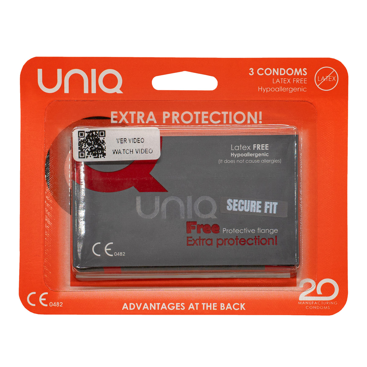 A product shot of a three-pack of UNIQ Free Secure Fit condoms. The packaging is red-orange and white, and features the text "Extra protection!" "Latex FREE Hypoallergenic," and "3 CONDOMS." 