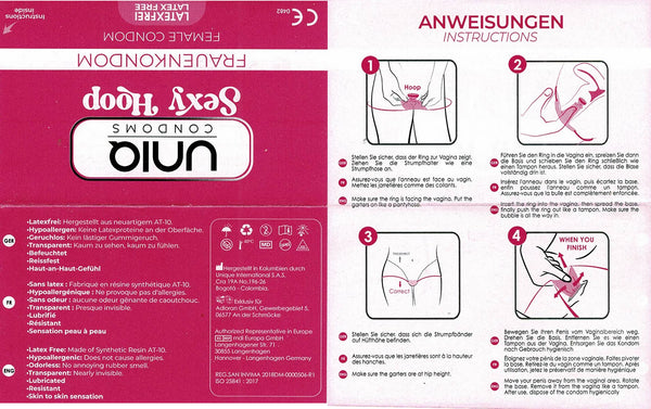Information and instructions on how to use the Uniq Sexy Hoop Female condoms.