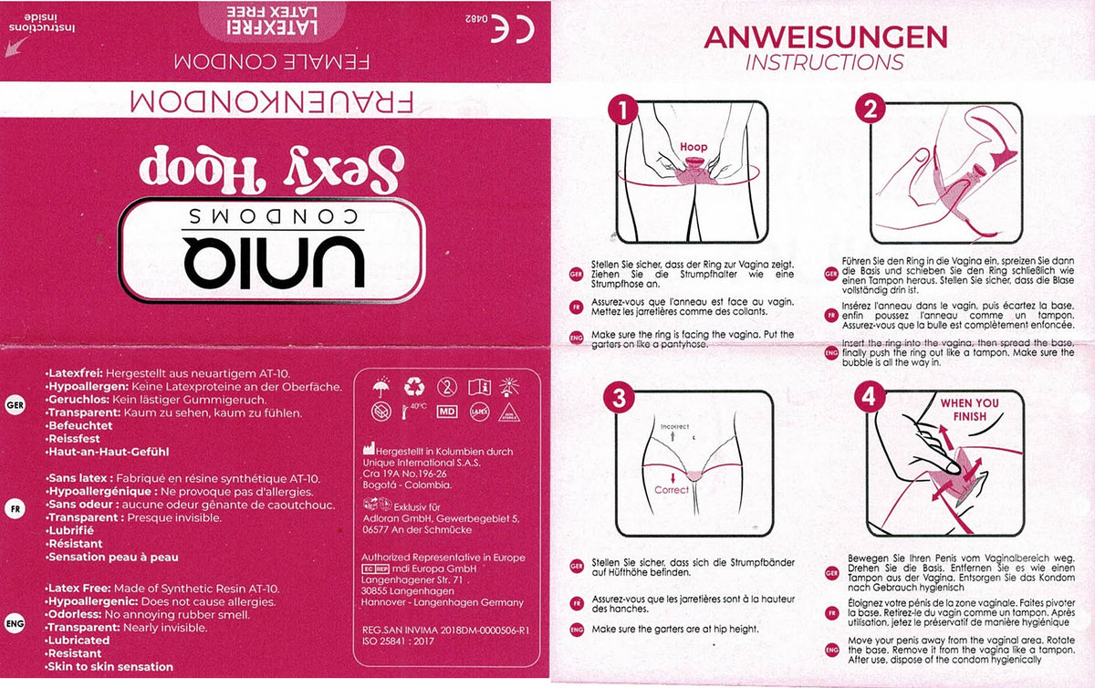 Information and instructions on how to use the Uniq Sexy Hoop Female condoms.