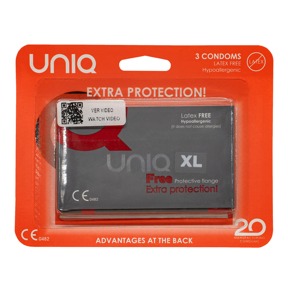A product shot of a three-pack of UNIQ Free XL condoms. The packaging is a red-orange blister pack holding a gray foil packet. The packet says "Latex FREE Hypoallergenic," "Free Protective flange," and "Extra protection!" Imagen principal del producto