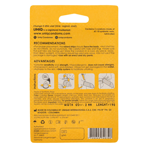An image of the back of a three-pack of UNIQ Pull XL condoms. The packaging is yellow. The top of the packaging has the UNIQ website and social media handles. Below this, there are sections detailing "RECOMMENDATIONS," "ADVANTAGES," and "Instructions," along with small, illustrated diagrams on how to use the condom. The bottom of the packaging lists product specifications, manufacturing information, and a barcode.