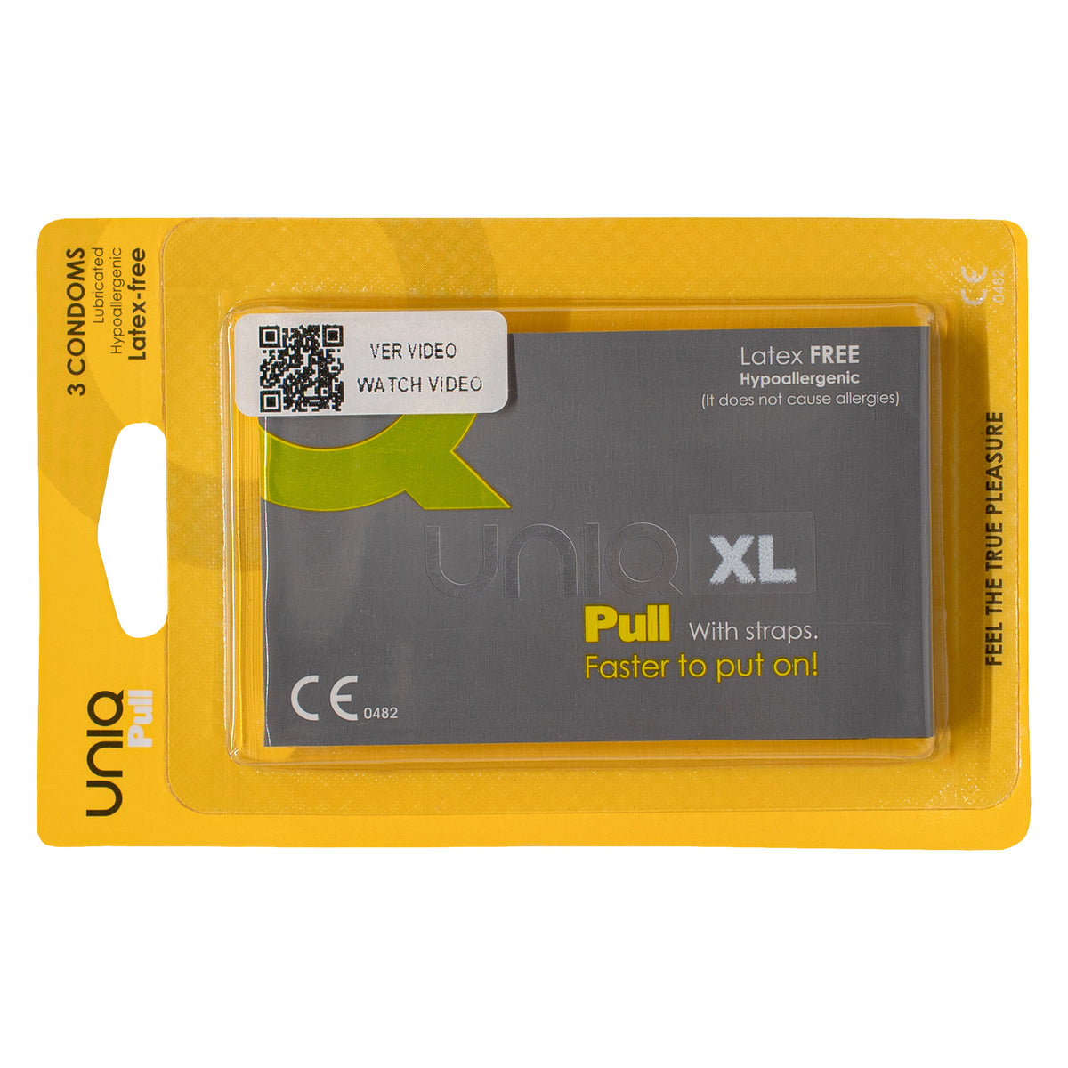 A product shot of a three-pack of UNIQ Pull XL condoms. The packaging is a yellow. The packet says "Latex FREE Hypoallergenic" and "Pull With straps. Faster to put on!". Imagen principal del producto